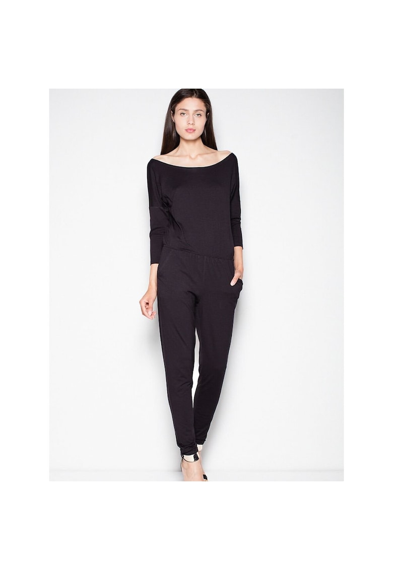 Дамски гащеризон черен - полукръгло деколте - паднали ръкави - вискоза - Venaton