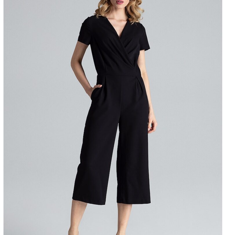 Дамски гащеризон -  черен - с широки панталони и къси ръкави - изработен от полиестер и вискоза Figl