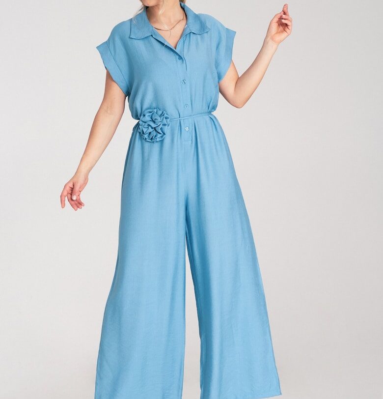 Дамски гащеризон -  широк крачол - къс ръкав - син - универсален материал - Един размер Figl