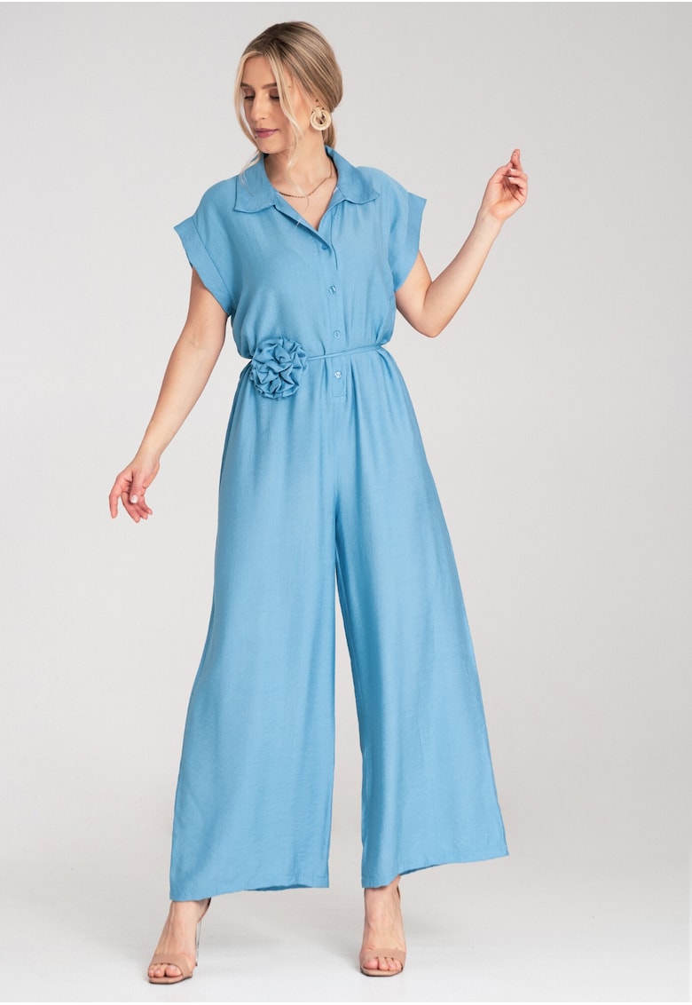 Дамски гащеризон - широк крачол - къс ръкав - син - универсален материал - Един размер Figl