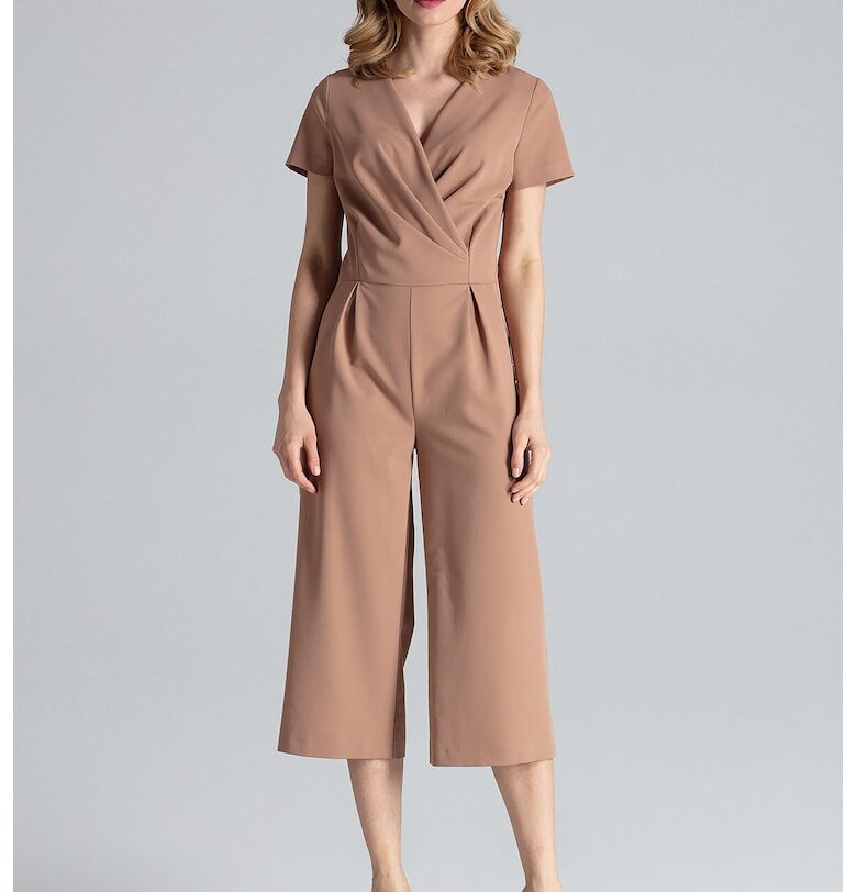 Дамски гащеризон -  широки панталони - къс ръкав - кафяв - полиестер Figl