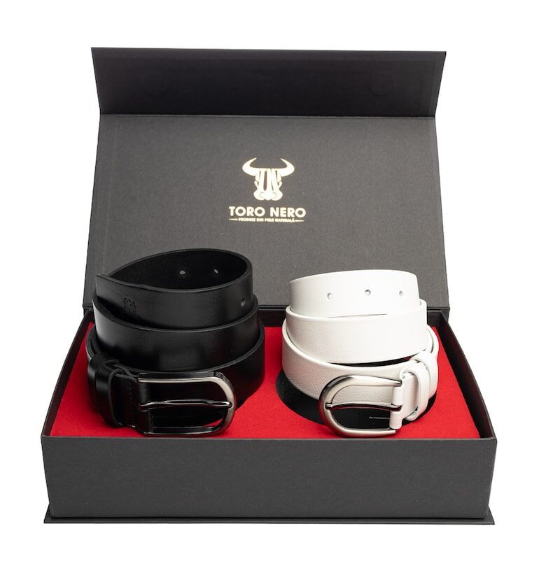 Дамски и мъжки комплект колан - естествена кожа - черно-бял - Елегантен-Мат Toro Nero