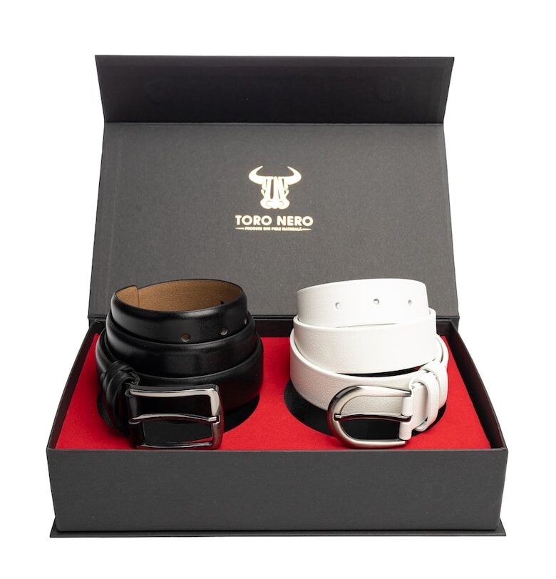 Дамски и мъжки комплект колани - естествена кожа - черно и бяло - Elegant-Basic Toro Nero