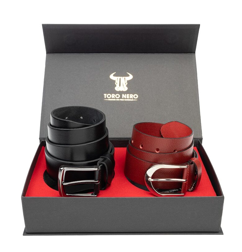 Дамски и мъжки комплект колани естествена кожа черно-червено Дебело-Гладко Toro Nero