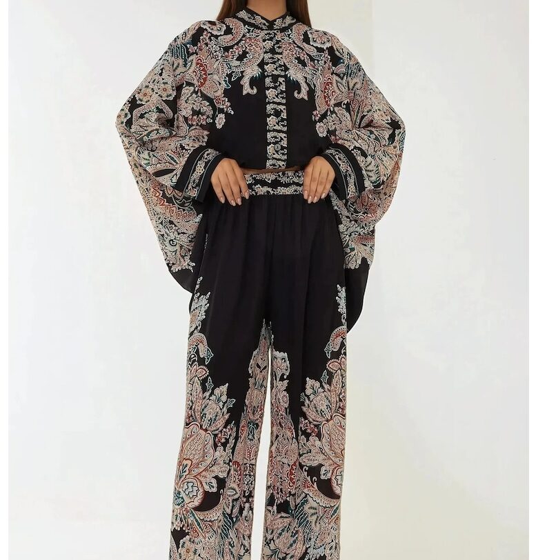 Дамски комплект -  панталон с висока талия - широка кройка - черен - текстил HiCCUP