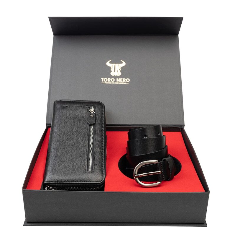 Дамски комплект портфейл и колан - естествена кожа - черен - Arya-Middle Toro Nero