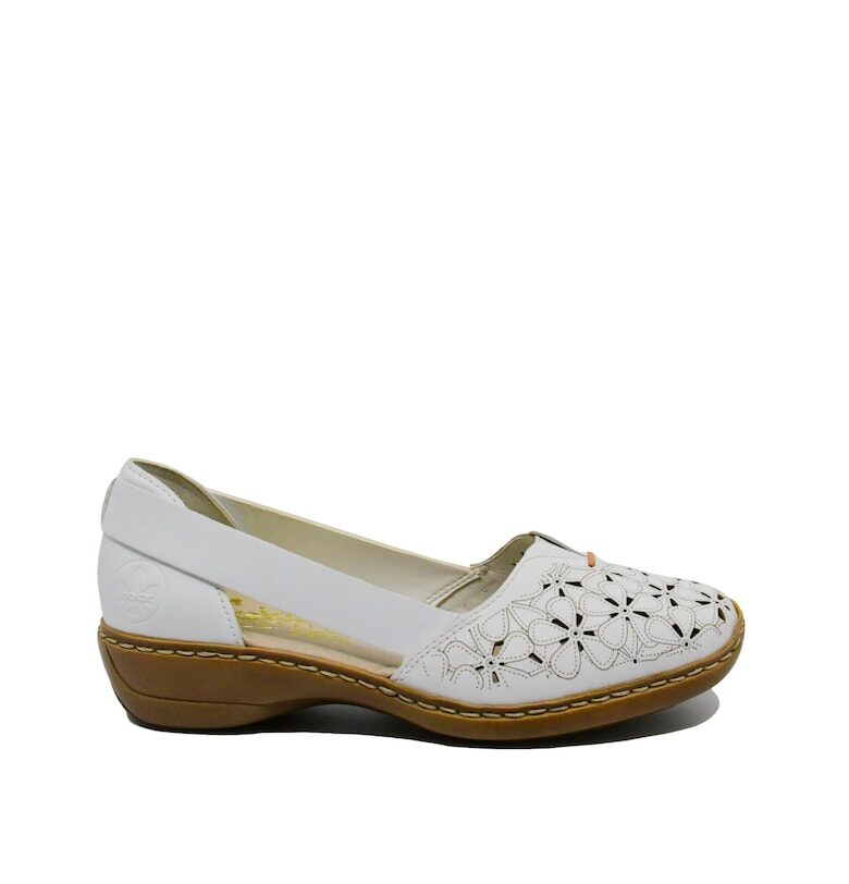 Дамски мокасини  от бяла естествена кожа - с флорален десен - Бял Rieker