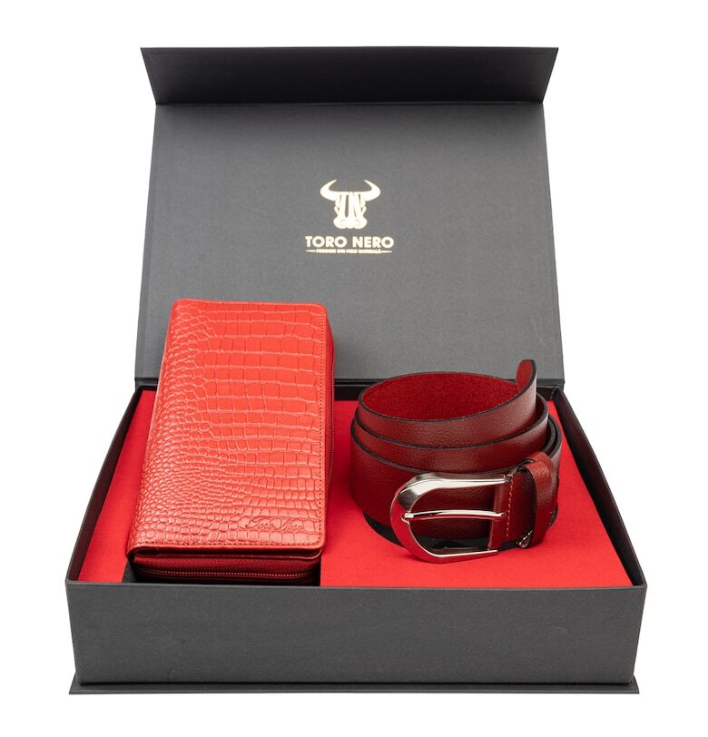 Дамски портфейл и комплект колан - естествена кожа - червен - Gia-Thick Toro Nero