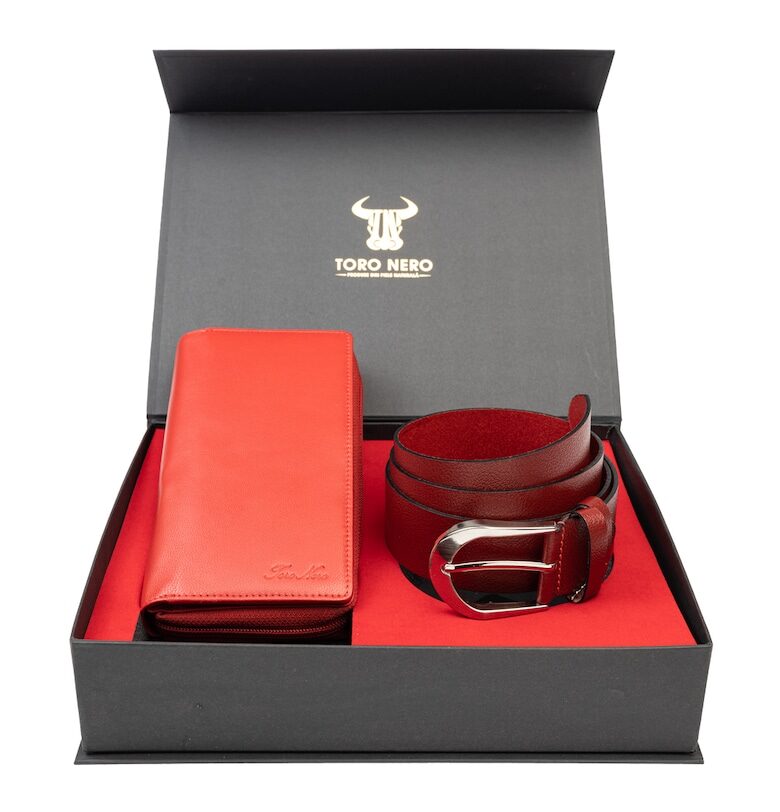 Дамски портфейл и комплект колан - естествена кожа - червен - Gina-Thick Toro Nero