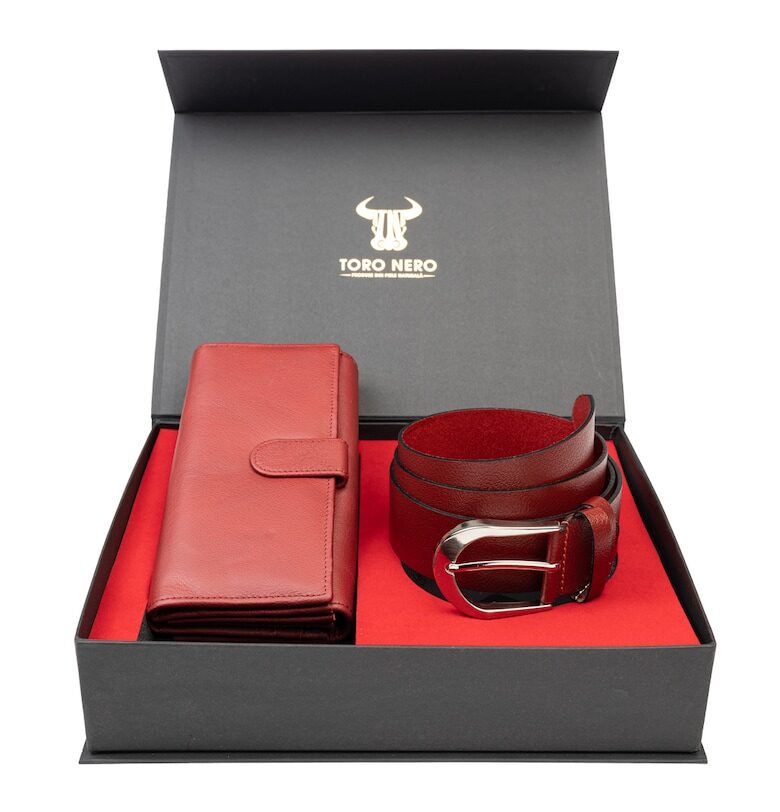 Дамски портфейл и комплект колан - естествена кожа - червен - Reset-Thick Toro Nero