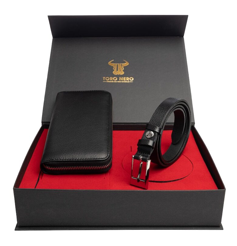 Дамски портфейл и комплект колан - естествена кожа - черен - Arya-Slim Toro Nero