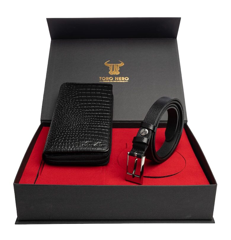 Дамски портфейл и комплект колан естествена кожа черен Gia-Slim Toro Nero