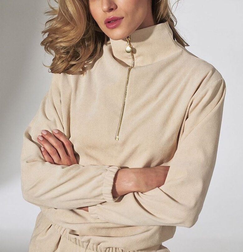 Дамски пуловер  кадифена яка - дълги ръкави - ластик - полиестер - Бежов Figl