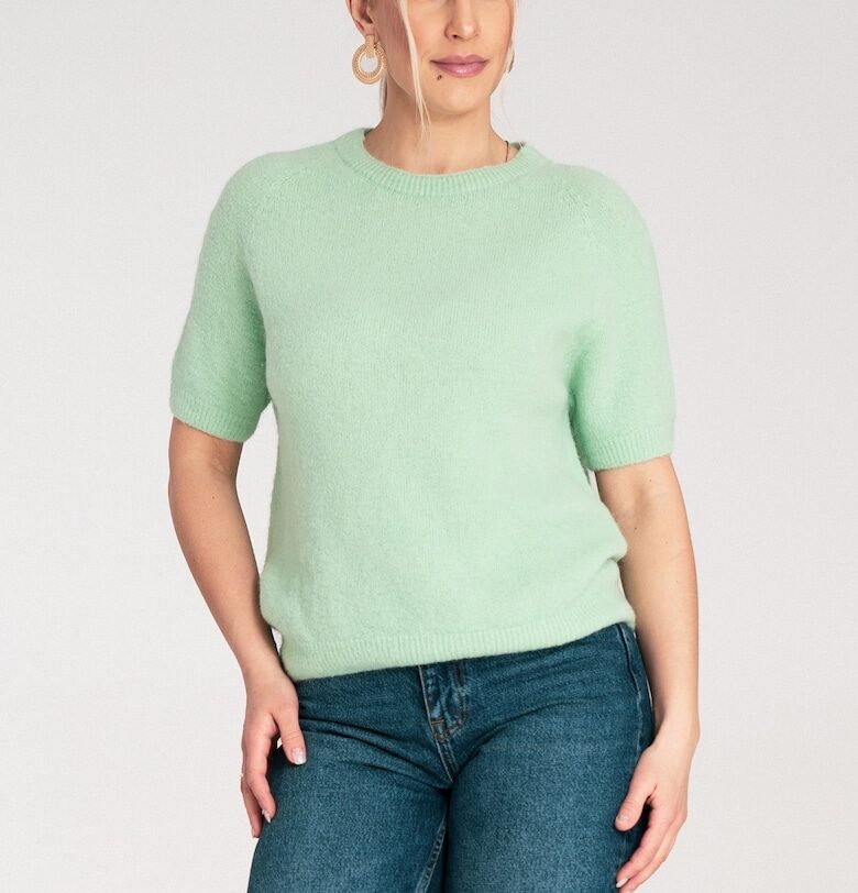 Дамски пуловер -  ментово зелено - къс ръкав - плетен - SM Figl