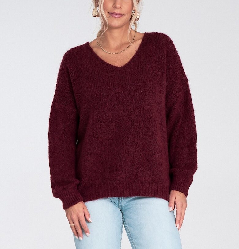 Дамски пуловер  овърсайз - V-образно деколте - бордо - лека материя - акрил Figl
