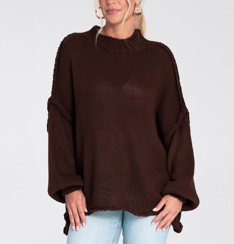 Дамски пуловер  уголемен размер - буфан ръкави - кафяв - полиестерна плетка Figl