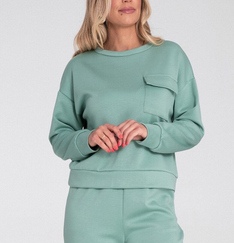 Дамски суитшърт  плетен - декоративен джоб - свободна кройка - ментово зелено - SM Figl