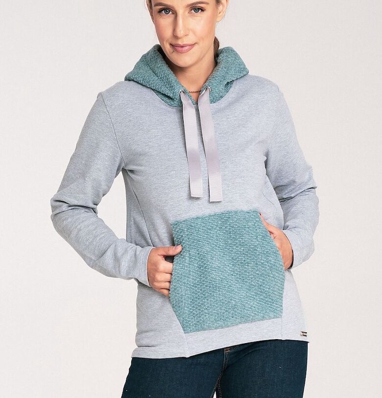 Дамски суичър  вълнена качулка - кенгуру джоб - сив - памук Figl