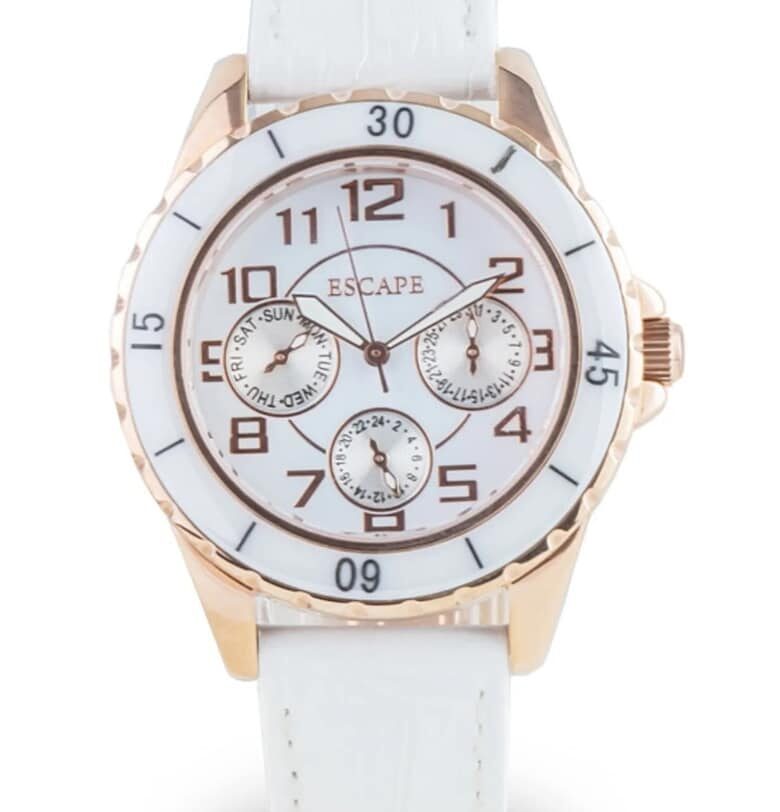 Дамски часовник  36 мм - бяла каишка от екологична кожа - водоустойчивост 5 АТМ Escape