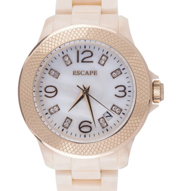 Дамски часовник  40 мм - бежова пластмасова каишка - златист корпус - бял циферблат - водоустойчивост 5 ATM Escape