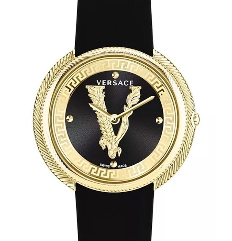 Дамски часовник  Thea - черна кожа - 38 мм - водоустойчив 5 ATM - черно/златно Versace