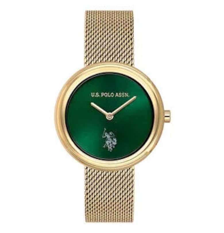 Дамски часовник  USPA2094-05 - златист - метална каишка - зелен циферблат - 35 мм - Gold US Polo Assn