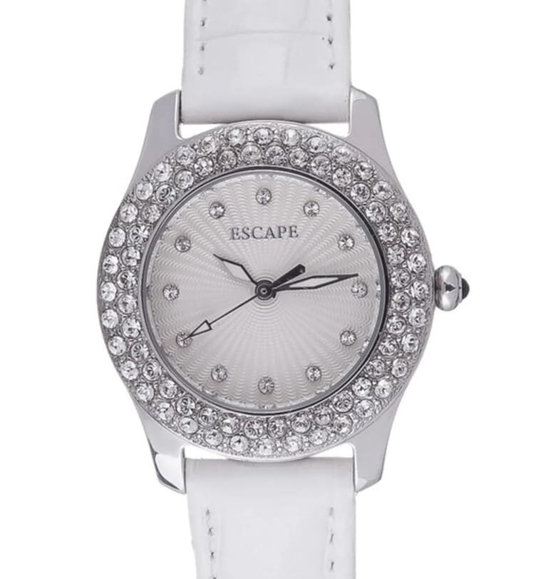 Дамски часовник  каишка от екологична кожа - стоманен корпус - 34мм - сребрист/бял - водоустойчив 5 ATM Escape