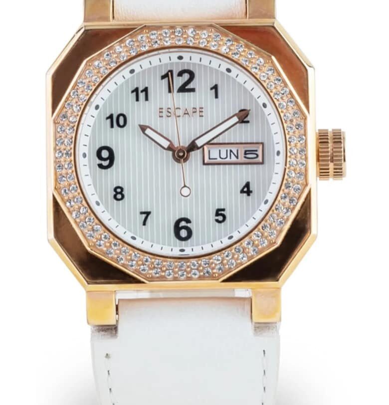 Дамски часовник  каишка от екологична кожа - стоманен корпус - бял/златист - 36мм - водоустойчив 5 ATM Escape