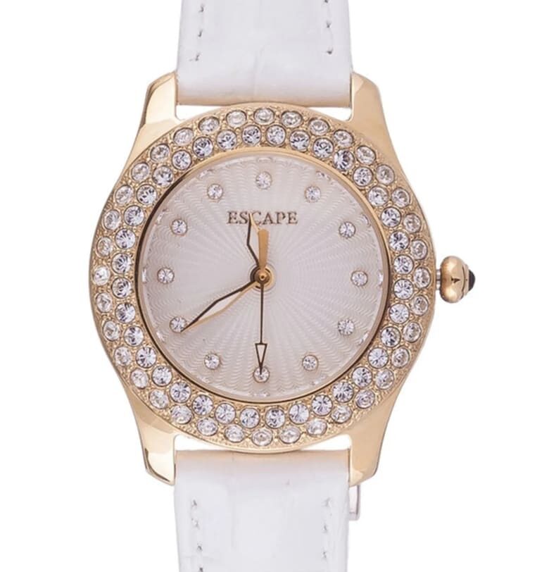 Дамски часовник  модел ECP10461 - бяла каишка от екологична кожа - златист корпус - 34x34мм - водоустойчивост 5 ATM Escape