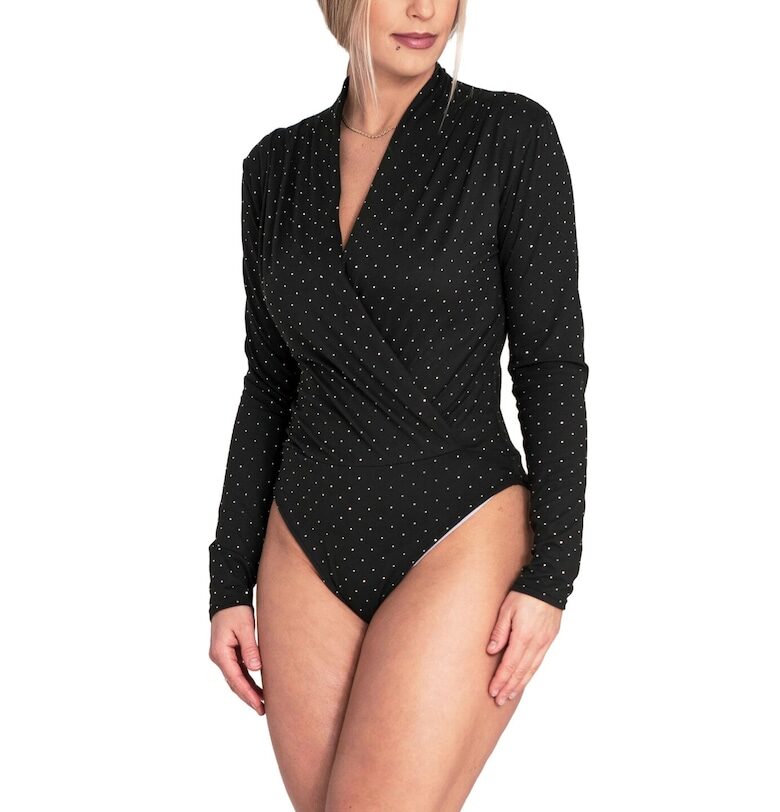 Дамско боди  черно - V-образно деколте - дълъг ръкав - полиестер/еластан - SM Figl