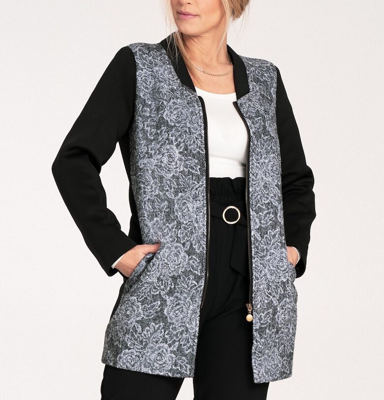 Дамско палто  M1062 - черно - модерен дизайн - висока яка - текстилен материал с флорален мотив Figl