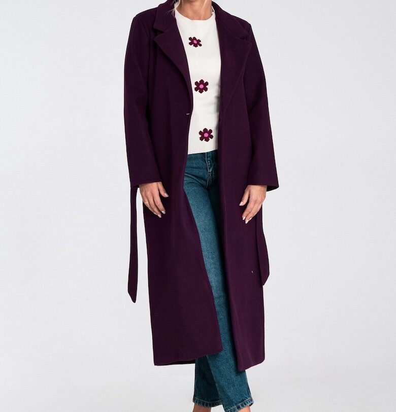 Дамско палто -  дълго - виолетово - с колан - материя от вълнена смес Figl