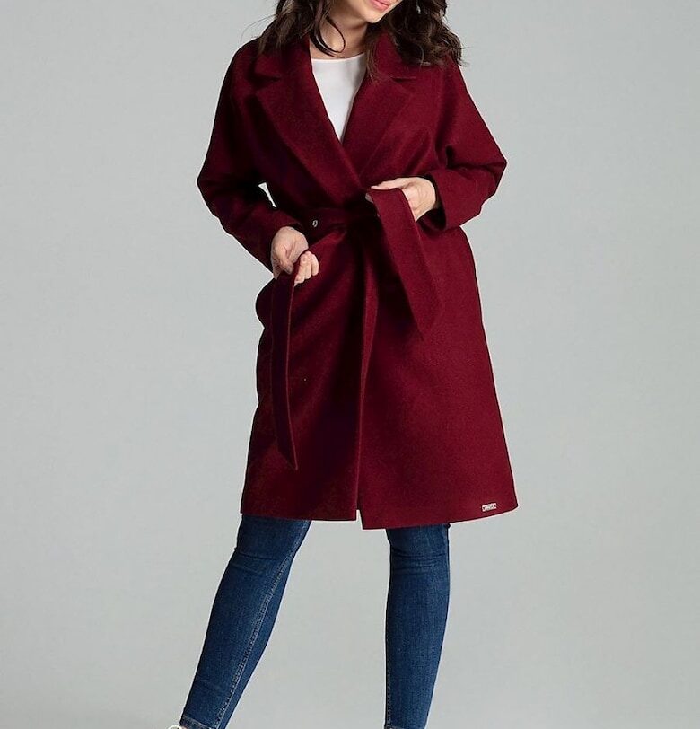 Дамско палто  право - кестеняво кафяво - широки ревери - декориран колан - полиестер Lenitif