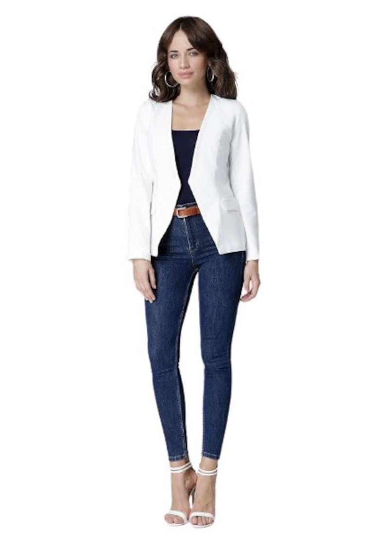 Дамско сако - с джобове - извита кройка в талията - Екрю Lenitif