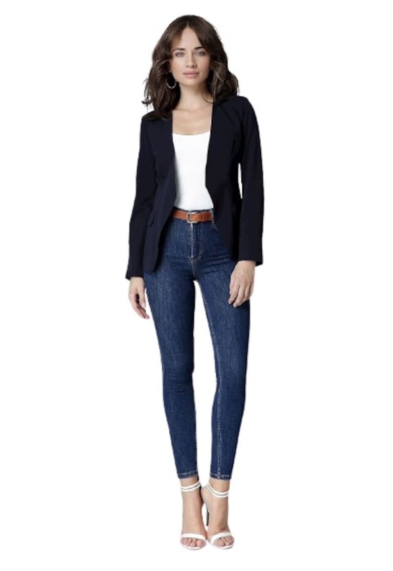 Дамско сако - с джобове - извита кройка в талията - Тъмносин Lenitif