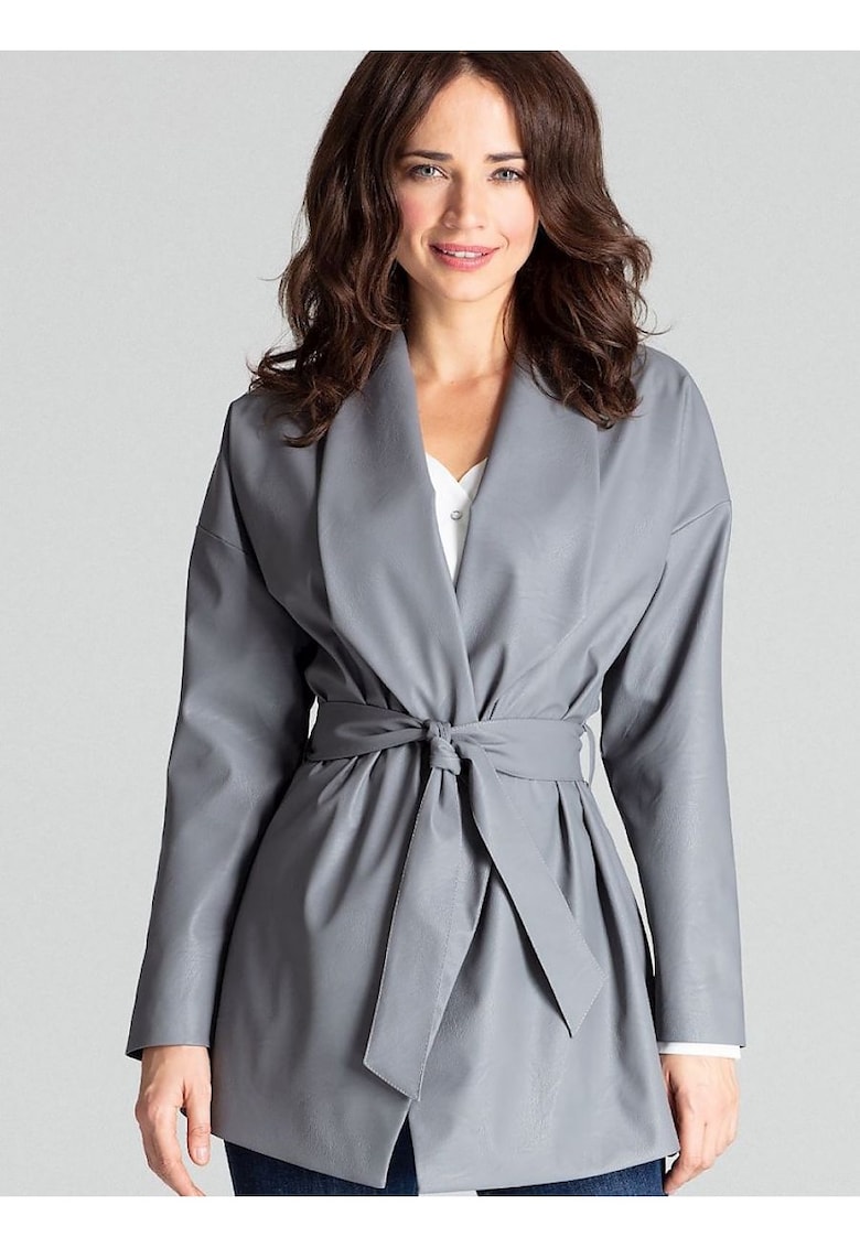 Дамско яке - Ленитиф - сиво - с паднали рамене - връзка на талията - с джобове - SM Lenitif