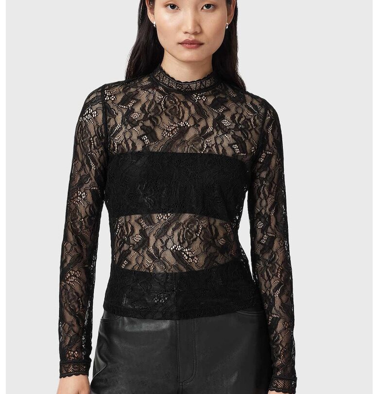 Дантелена блуза Aria с ниска яка - Черен AllSaints