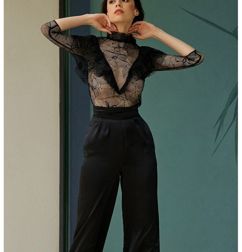 Дантелена блуза с набирания - Черен AVENUE No29