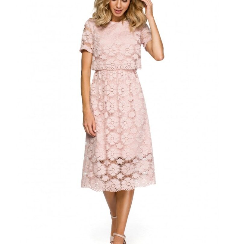 Дантелена миди рокля -  найлон/еластан - Розово MOE