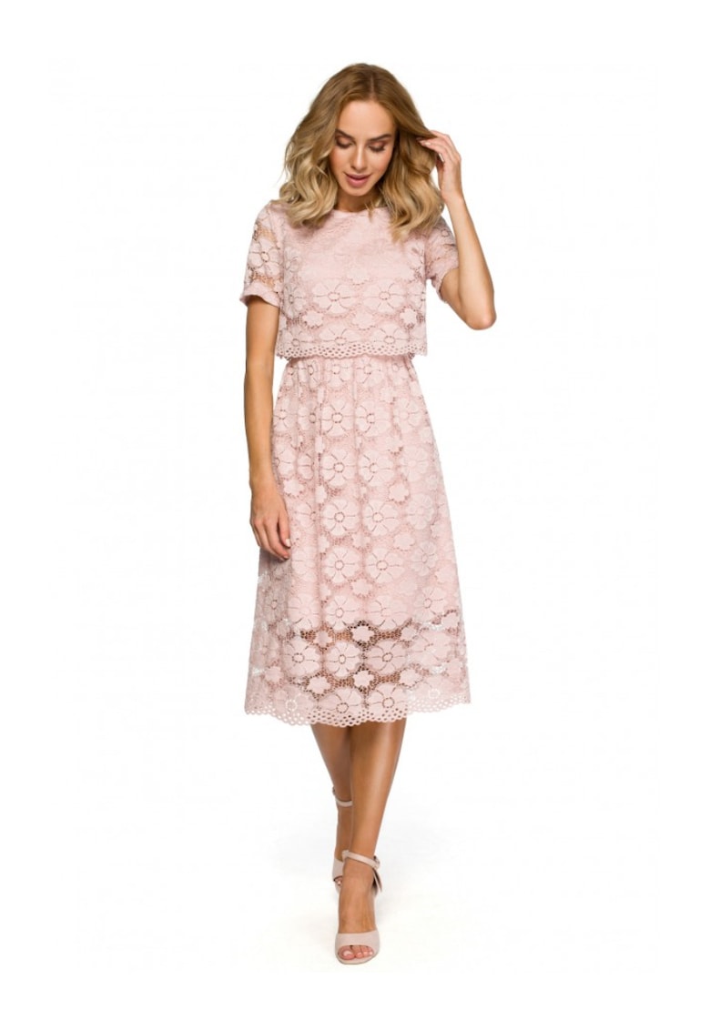Дантелена миди рокля - найлон/еластан - Розово MOE