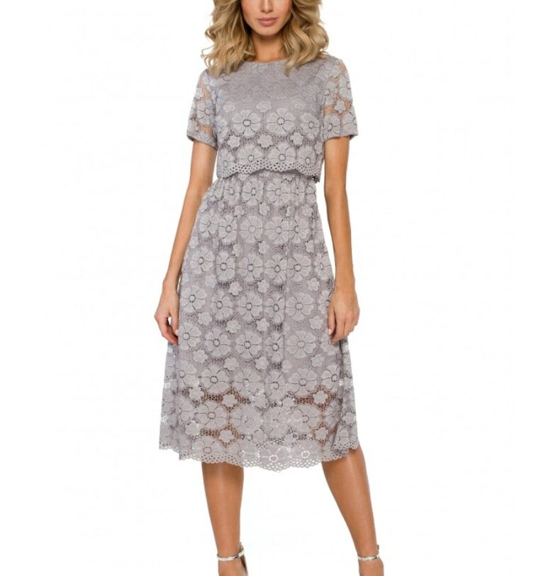 Дантелена миди рокля -  найлон/еластан - Сив MOE