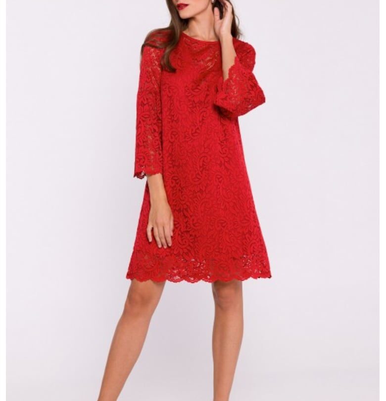 Дантелена рокля в два слоя - тип трапец  Червен Stylove