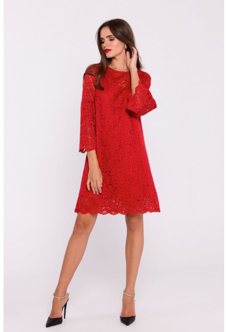 Дантелена рокля в два слоя - тип трапец Червен Stylove