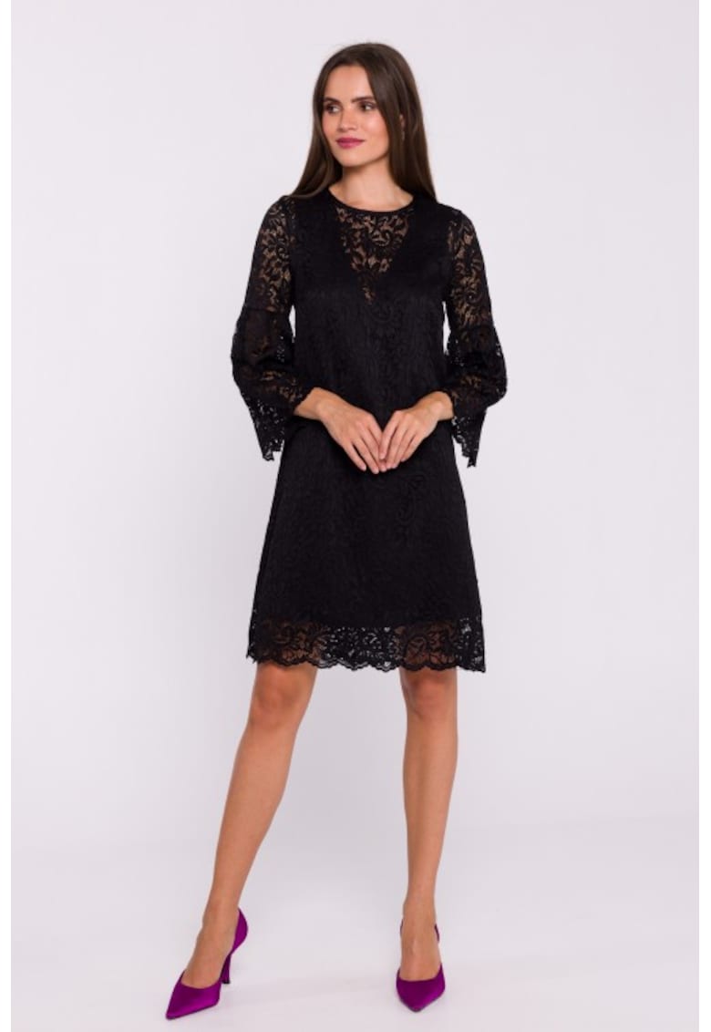 Дантелена рокля в два слоя - тип трапец Черен Stylove