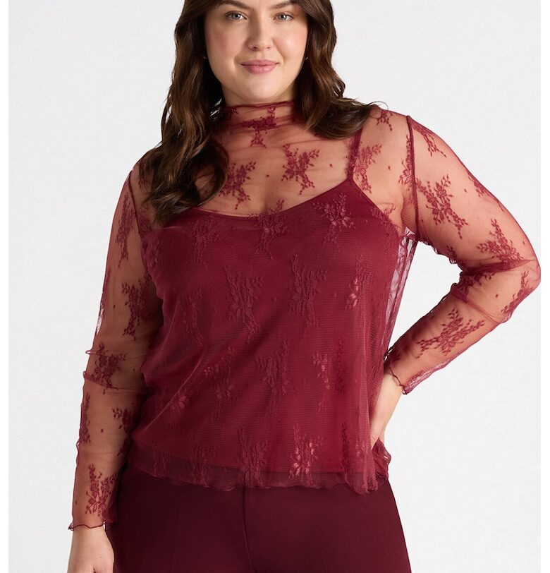 Дантелена флорална блуза тип поло - Червен Fiorella Rubino