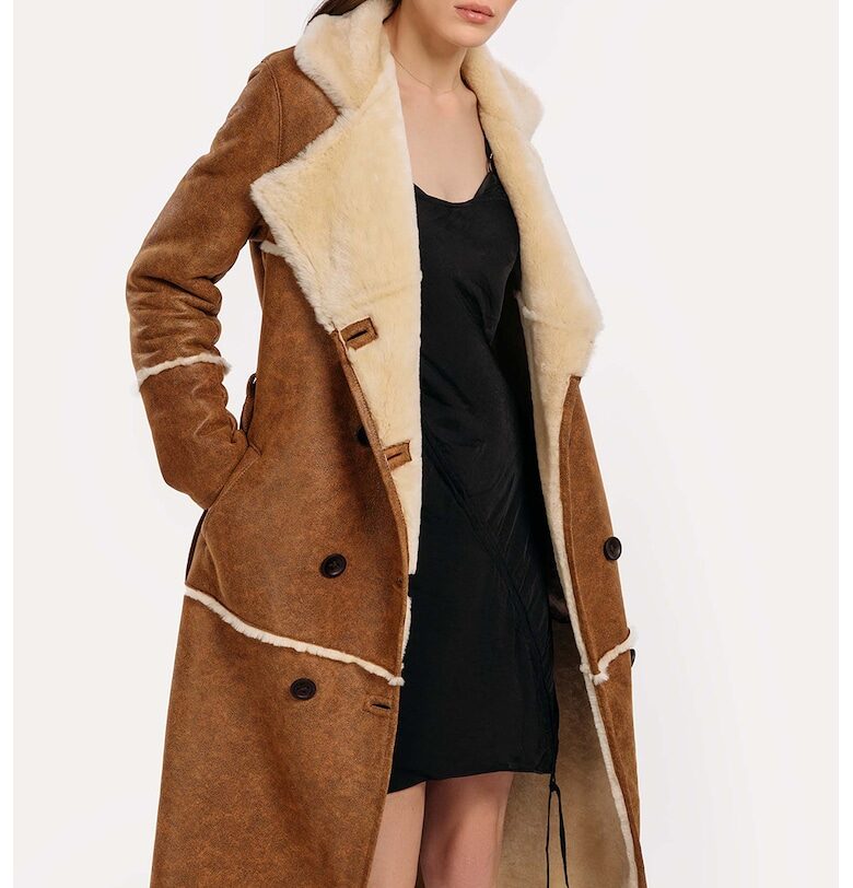 Двуредно кожено палто Lora - Слонова кост/Светлокафяв Gerali