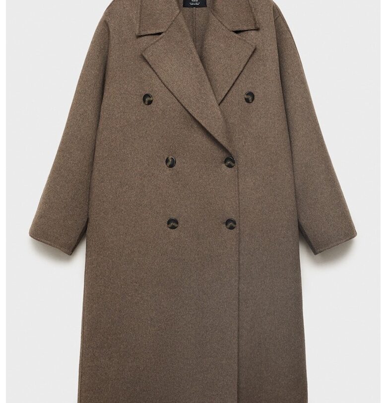 Двуредно палто с вълна - Тъмнокафяв Mango