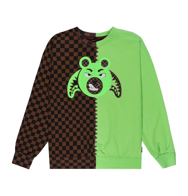 Двуцветен суитшърт Money Bear с овално деколте - Черен/Светлокафяв/Светлозелен Sprayground