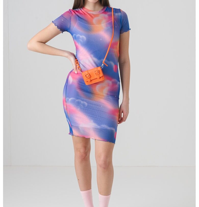 Десенира рокля Nastaja с къси ръкави - Фуксия/Бледооранжев/Син HUGO