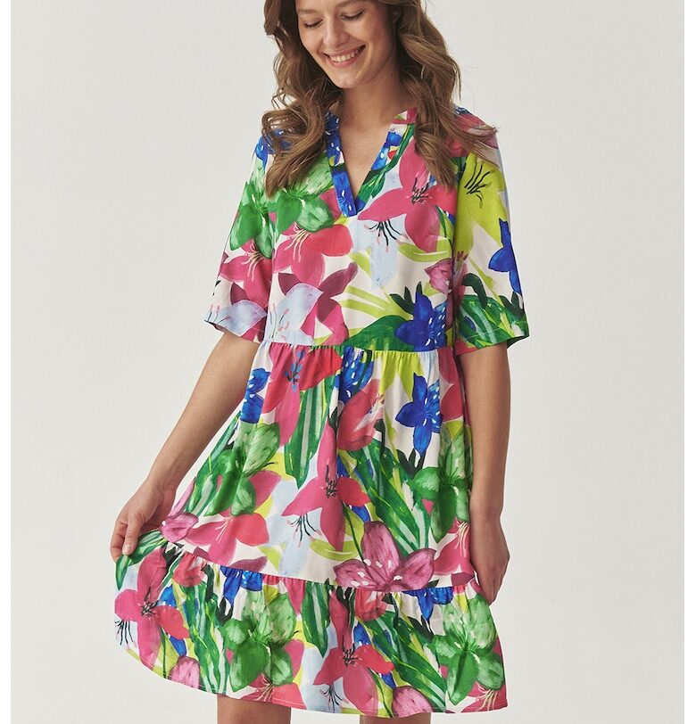 Десенирана къса рокля - Зелен/Бял/Прашно розово Tatuum